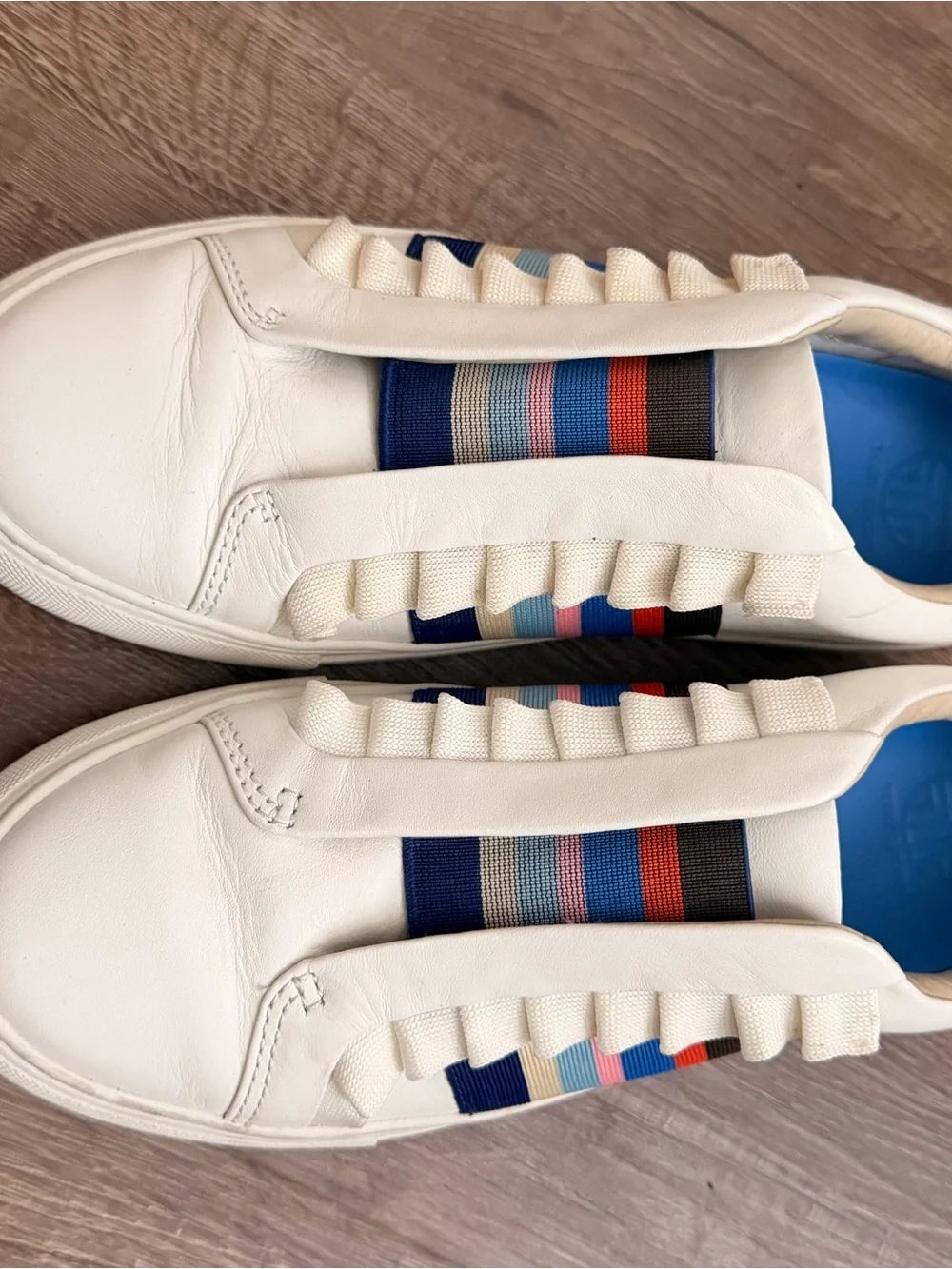 Tory Burch White Leather Slip-On Sneakers with Multicolor Stripe Detail